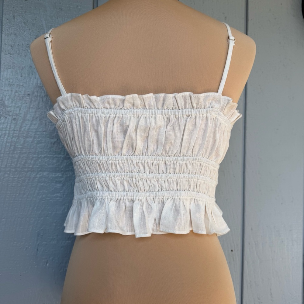Beachy Linen blend creamy white halter style bodycon summer crop top - Picture 3 of 11